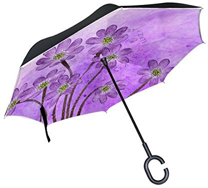 Mnsruu Regenschirm, mit violetten Blumen, doppelschichtig, C-förmiger Griff, umgekehrter Regenschirm, winddichter UV-Schutz und selbststehender Regenschirm