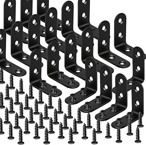 FANDAMEI 20 Sets Black Corner Brackets - 40x40mm Stainless Steel Right Angle Braces L Shaped Metal Bracket 90 Degree Corner Braces with 80 Screws for Wooden Furniture Window Shelf Desk