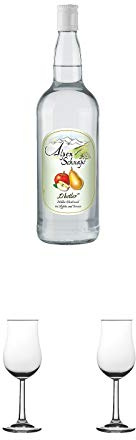 Alpenschnaps Steinbeisser Obstler 1,0 Liter + Nosing Gläser Kelchglas Bugatti mit Eichstrich 2cl und 4cl 1 Stück + Nosing Gläser Kelchglas Bugatti mit Eichstrich 2cl und 4cl 1 Stück