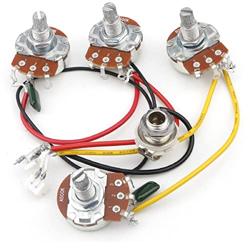 Unxuey Kabelbaum für elektrische Gitarre, 2 V, 2 T, 3-Wege-Kippschalter, große 500 K Pots & Jack schwarze Spitze, Kappe SG Style Gitarre Ersatz | Inklusive 2 Lautstärke-2-Ton-Pots, 3-Wege-Kippschalter, Ausgangsbuchse und schwarzer Spitzenkappe, passend für SG-Gitarren