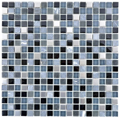 Mosaik Fliese Transluzent Edelstahl schwarz Glasmosaik Crystal Stein Stahl schwarz Glas für WAND BAD WC DUSCHE KÜCHE FLIESENSPIEGEL THEKENVERKLEIDUNG BADEWANNENVERKLEIDUNG Mosaikmatte Mosaikplatte