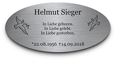 Gedenkstein Grabstein aus V2A Edelstahl Grabplatte mit Gravur 21x10 cm oval Gedenktafel für Menschen oder Haustiere Hund Katze personalisiert Gedenkplatte Grabschmuck Andenken wetterfest