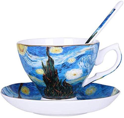 Eplze YBK Tech Bone China Cup and Saucer Set, 7oz Teacup - Design Inspired by Van Gogh's Paintings (Starry Night)