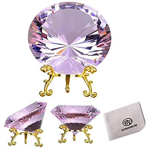 LONGWIN Briefbeschwerer mit Kristalldiamanten, 80 mm, für Hochzeit, Jahrestag, Geschenk, Heimdekoration mit goldenem Metallsockel (Pink)