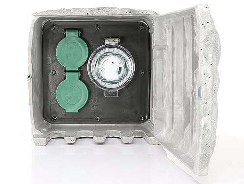Bold Außensteckdose Stein-Optik - 2-Fach Gartensteckdose mit Zeitschaltuhr | Wasserdichte IP44 Steckdosensäule für Außen, 3m Kabel, 3680W, inkl. Erdspieß und Montage-Set, Steinoptik aus PP-Kunststoff
