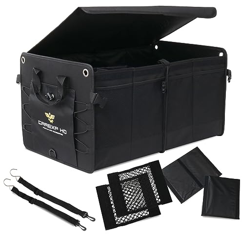 CARexp HD Kofferraum Organizer mit Deckel – faltbare Kofferraumtasche fürs Auto, 70 L, rutschfest mit Klett-Befestigung, Auto Organizer mit 2 Netztaschen, Gurten & Tragegriffen (Schwarz)