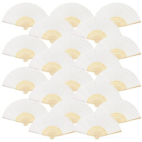 FEPITO 20 Pieces White Handheld Paper Fan Paper Folding Fans with Bamboos for Wedding Gift, Party, Home
