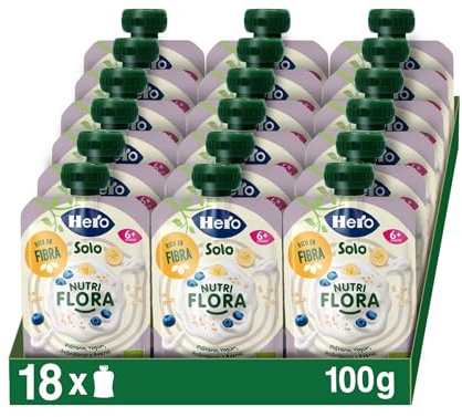 Hero Solo - Bolsitas Ecológicas de Plátano, Arándanos, Yogur y Avena, Ricas en fibra, Sin Conservantes, Aditivos, Aceite de Palma ni Azúcares Añadidos, A Partir de los 6 Meses - Pack de 18 x 100 g
