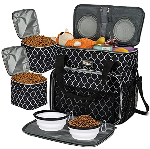 BAGLHER Dog Travel Bag, Pet Travel Bag (All Pet Travel Supplies), with 2 Pet Food Containers and 2 Collapsible Silicone Bowls; Essential Kits for Travel DLblack