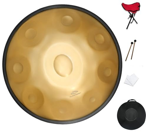 GLADFRESIT Handpan in D Kurd Minor with handpan stand, handpan case, durable mallets and dust-free cloth (Gold, 9-440Hz)