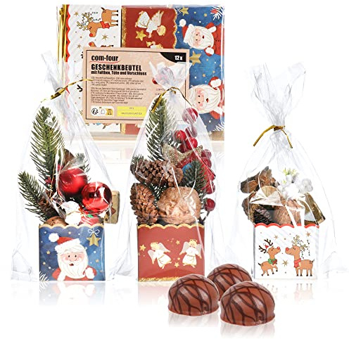 com-four® 12x Geschenkbeutel mit Faltbox, Tüte und Verschluss - Präsenttüten mit Pappuntersatz im Weihnachtsstil - Kunststofftütchen für Kekse