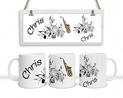 Personalisierte Musiker-Tasse. Kaffeetasse mit Noten, Saxophon und mit Namen. (Schwarz-Weiß)