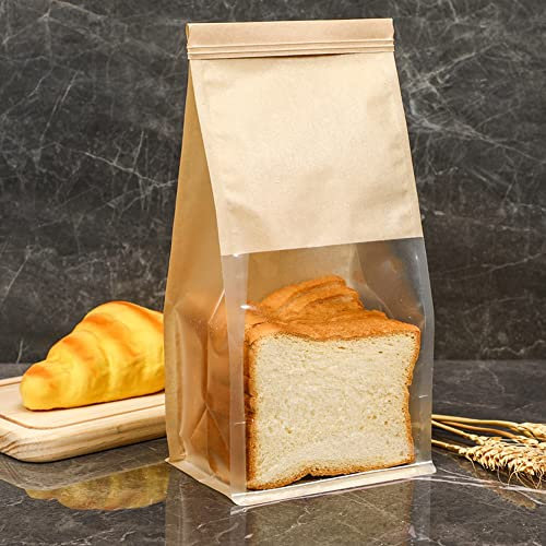 COMIKO 20 bolsas de panadería con ventana, 5.1 x 4.3 x 11 pulgadas, con cierre de pestaña de estaño, bolsas de papel kraft para embalaje de galletas, bolsas de pan de papel kraft con ventana, bolsas