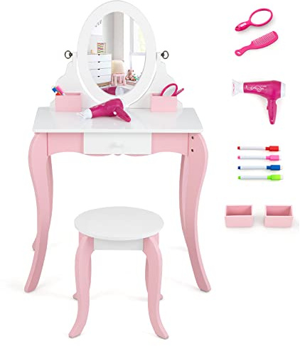 LIFEZEAL 2 in 1 Kinder Schminktisch, Kinderkosmetiktisch Set mit Abnehmbarer Spiegel & Whiteboard, Frisiertisch für Mädchen ab 3 Jahren, Frisierkommode Holz mit Schubladen