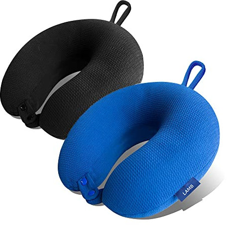 LAMB Cooling Reisekissen, Verstellbares Memory Nackenkissen für Flugzeug Camping Zug Auto, Nackenhörnchen kompaktes und leichtes für Flugzeug Zug Auto Schlafkissen, Partikel Füllung, Schwarz+Blau