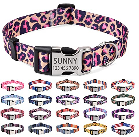 Mihqy Personalisiertes Hundehalsband mit Eingraviertem Namen und Telefonnummer - Weich & Komfort Hunde Halsband Hundehalsbänder für Kleine Mittlere Große Hunde(Rosa Leopard,M)