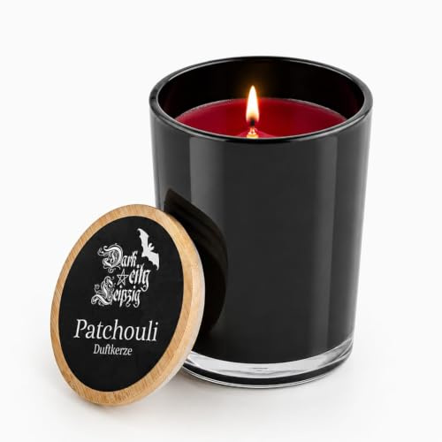 Patchouli Duft Blutkerze aus rotem Sterarin im schwarzen Votivglas mit Holzdeckel ca. 7cm x 115cm