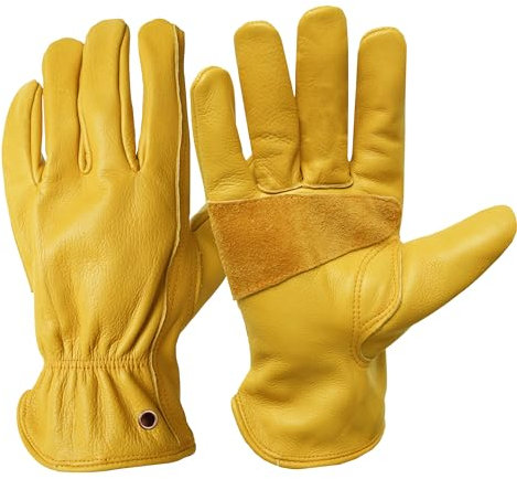 NBLEAGLO Arbeitshandschuhe aus Rindsleder für Bau, Hof, Gartenarbeit, mit verstärkter Handfläche, für Damen und Herren