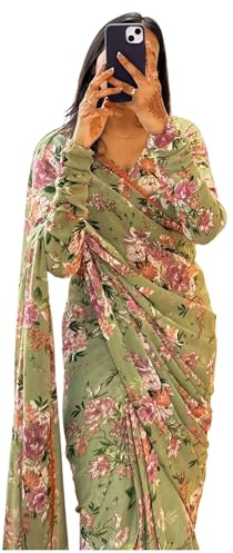 Sidhidata Georgette - Sari de un minuto con estampado digital listo para usar con blusa sin costuras, Mehendi, talla única