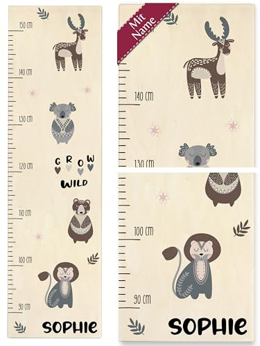 Messlatte Kind Holz - Grow Wild Tiere mit Name Kindermesslatte Waldtiere I Zootiere Babymesslatte - 90-150 cm - Holz - wand tier meßlatte für kinder eichhörnchen kinder-messlatte 160 metermaß