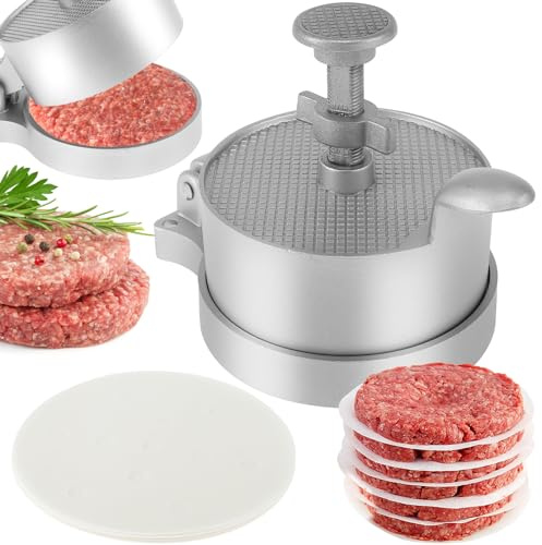 Foribyw Adjustable Burger Press with 100 Patty Paper, Hamburger Patty Maker Press Kit, Non-Stick Food Grade Aluminum Alloy Hamburger Patty Maker Mold for Grilling and Cooking