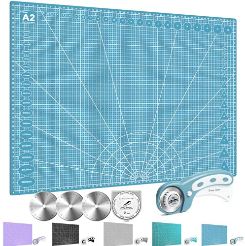 Miuzei Rotary Cutter Set A2 Self-Healing Cutting Mat 45mm Fabric Cutter | Double-sided grid, 45mm rotary cutter with blades, safety lock auto-retract, for fabric leather paper sewing quilting, blue