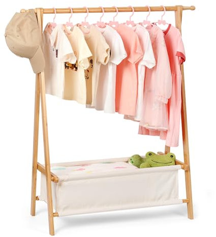 Relquorax Bambus Kinder Kleiderständer mit Aufbewahrungstasche und Kleiderstange, Dress-up-Ständer, kleiner Garderobenständer, für Kostüme im Kinderzimmer (Naturfarbe)