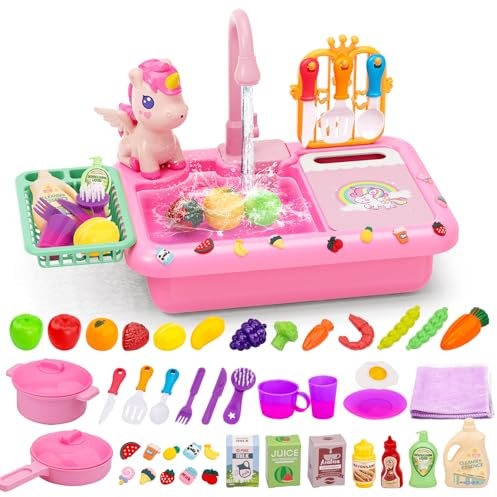 deAO Play Kitchen Sink Toys with Upgraded Rear Faucet, Play Cooking Stove, Cookware Pot and Pan, Play Food, Color Changing Dishes Accessories, Pretend Role Play Toys for Toddler Boys Girls (PINK)
