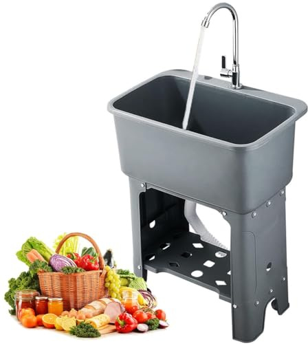 Lavandino con Piedi da Esterno, Lavello Cucina 1 Vasca da Grande, Autoportante Alto 76 Cm con Rubinetto per Garage, Lavanderia, Ristorante, Plastica Spessa Grigio/Nero(Gray,60x40cm/23.5x15.5inch)