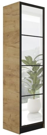 KIER FURNITURE Kleiderschrank mit Spiegel - Schmaler Schrank - 53 cm breit, 205 cm hoch - Garderobenschrank Flur Schlafzimmer - 1 Tür, Ausziehbare Kleiderstange, Push to Open System - Craft Eiche