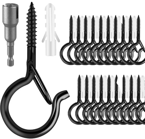 36 Stück schwarze Schraubhaken aus Edelstahl mit Sicherung für Blumenkörbe, Nistkästen, Windglocken, Lichterketten, in