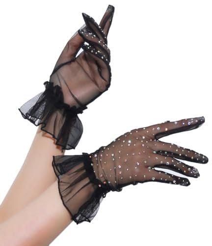Whakano Glitzernde Kurze Damenhandschuhe, Tüll Handschuhe 25cm Hochzeit Gloves, Elegant Handschuhe Mit Strass, Für Halloween, Bankett, Party, Hochzeit, Abend, Tea Party Kostüm Zubehör, Schwarz