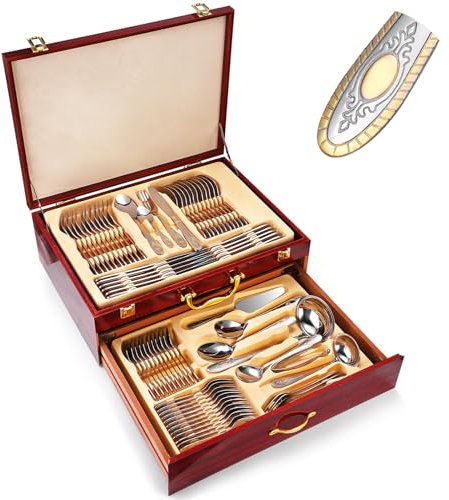 service de table 12 personnes menagere, 72/84 pieces coffret services de vaisselle, cuillère couteau fourchette avec des accents dorés, lavable au lave-vaisselle(Size:84 pcs,Color:B)