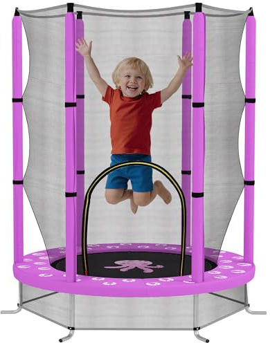 AIYAPLAY 4.6ft Kids Trampoline with Enclosure Net, Recreational Toddler Trampoline with Floor Protection Net, Reinforced Steel Frame for Indoor Outdoor Use, Ages 3-6 Years, Octopus Pattern, Purple