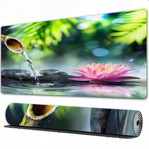 FEHWI Gaming Mouse Pad Extra Large Keyboard Mouse Mat Desk Pad Soft Smooth Surface and Anti-Slip Rubber,zen garden with black stones and pink waterlily,12x31.5 in