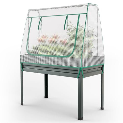 COSTWAY Jardinière Surélevée Potager 3-en-1 avec Couverture de Serre et Treillis, Bac de Plantation Métallique sur Pieds avec Trous de Drainage, pour Plantes Grimpantes Fleurs Légumes