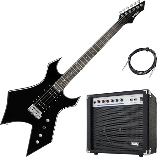 Rocktile Warhead E-Gitarre Set AK20G - Korpus aus Linde, Griffbrett aus selektiertem Hartholz - Set inkl. 60W Combo-Verstärker & Instrumentenkabel 3m – Ideal für Rock, Metal & mehr – Schwarz
