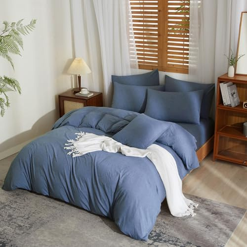 YASMENG Halbleinen Bettwäsche 200x220 Denim-Blau Leinen und Baumwolle Bettwäsche Weich Atmungsaktiv Kuschelig Leinen Bettbezug Set 3 Teilig mit Reißverschluss und 2 Kissenbezüge 80x80 cm