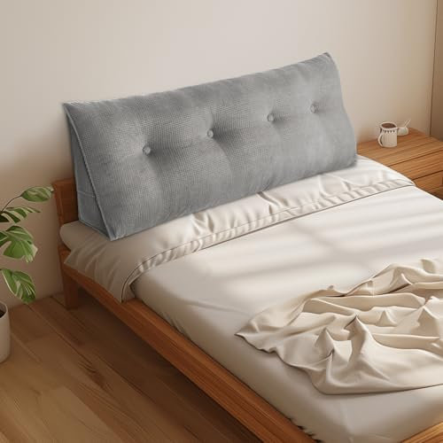 140 cm Rückenkissen für Bett & Sofa Lendenwirbelstützkissen Lesekissen mit abnehmbarem Nackenkissen & waschbarem Bezug Praktische Seitentasche (Grau)