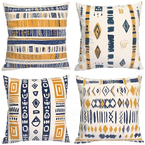 Geometrie Kissenbezug 80x80 cm, Outdoor Kissen Gelb Muster Design, 4er Set Doppelseitig HD Drucken Wetterfest Leinen Kissenbezüge mit Unsichtbarem Reißverschluss für Outdoor Deko Kissen Aesthetic
