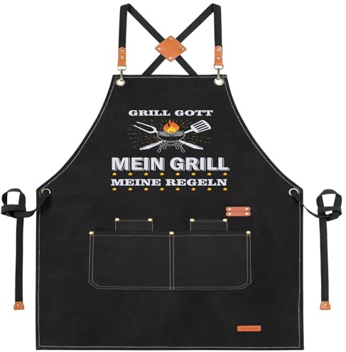 XCSJKJ Kochschürze Herren Grillschürze für Männer Schürze Lustig, mit 4 Taschen Grill schürze für Männer Küchenschürze Herren Personalisiert Grill Schürze MEIN GRILL GOTT (Trendige Styles)