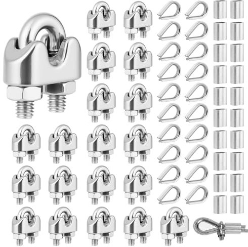 Flintronic 60PCS Wire Rope Clip, 20PCS M3 Wire Rope Cable Clip Clamps with 20PCS Wire Rope Crimping Loop Sleeves and 20PCS Wire Rope Thimbles, rope Grips for Awning Fixed Clothesline Tensioner