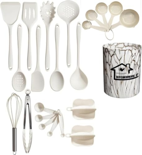 ProBytes 23 Pcs Silicone Kitchen Utensils Set – Non-Stick Heat-Resistant Cooking Tools with Holder – BPA-Free Spatula, Spoon, Whisk, Tongs, Measuring Cups & Spoons (Utensil Kitchen Set - White)