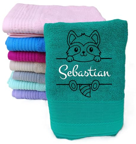 Wuff-Dogsworld Kinderhandtuch mit Motiv & Namen Bestickt, personalisiert, für Jungen & Mädchen, Verschiedene Motive & Farben, 100% Baumwolle (Emerald grün, 50 x 100 cm)