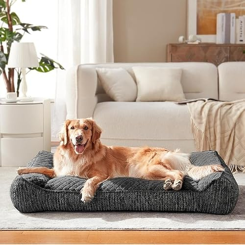 JOEJOY ortopedisk hundsäng, stora hundar, XXL hundsäng, tvättbar med vattentätt fodral, halkfri hundsoffa, hundkorg, stor gjord av mjuk konstgjord kaninpäls, 122 x 89 x 25 cm