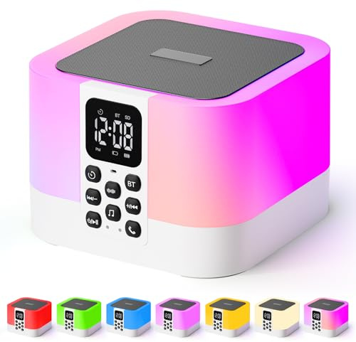 5 in 1 Night Light Bluetooth Speaker, Touch Bedside Lamp with Alarm Clock & White Noise Machine, 16 Soothing Sounds, Dimmable Color Changing Bedroom Lamp, Birthday Gift for Women Girls Men Kids