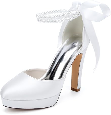 MlYJmer Décolleté da Sposa con Plateau da Donna, Tacco Alto Spesso, Cinturino alla Caviglia con Perle, Scarpe da Matrimonio in Raso, Scarpe da Vestito per Sposa, Festa e Prom,Bianca,37 EU