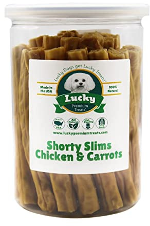 Lucky Premium Treats Lucky Shorty Slims - Carrot and Chicken Jerky Dog Treats, Crunchy Dog Chew Sticks with Real Chicken and Carrot for Small to Large Dogs (7 Count)