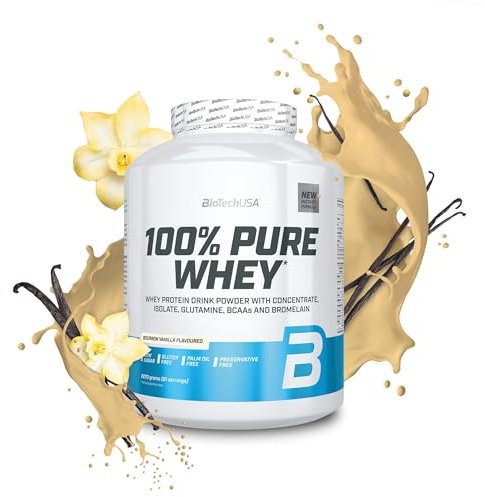 BioTechUSA 100% Pure Whey | Poudre de protéines avec BCAA et Glutamine | Sans gluten, sans huile de palme | 21g de protéines par portion, 2.27 kg, Vanille Bourbon