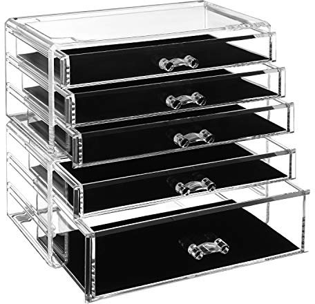 SONGMICS Make-up Organizer, 2 stapelbare Aufbewahrungsboxen für Schmuck und Kosmetik, mit 5 Schubladen, aus Kunststoff, weihnachten, Transparent JMU32TP